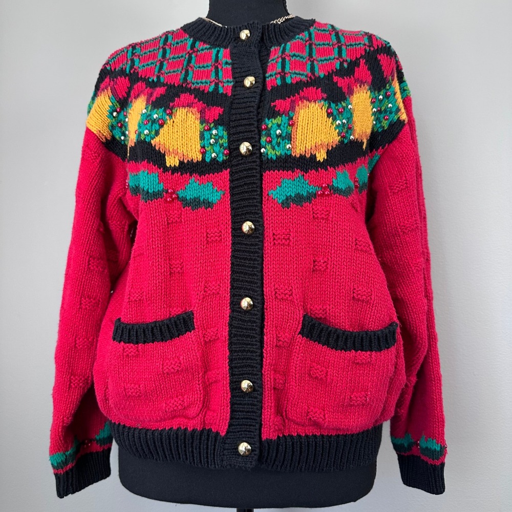 Jennifer Moore Women Cardigan Sweater Petite Medium Red Hand‎ Knit Holiday VTG